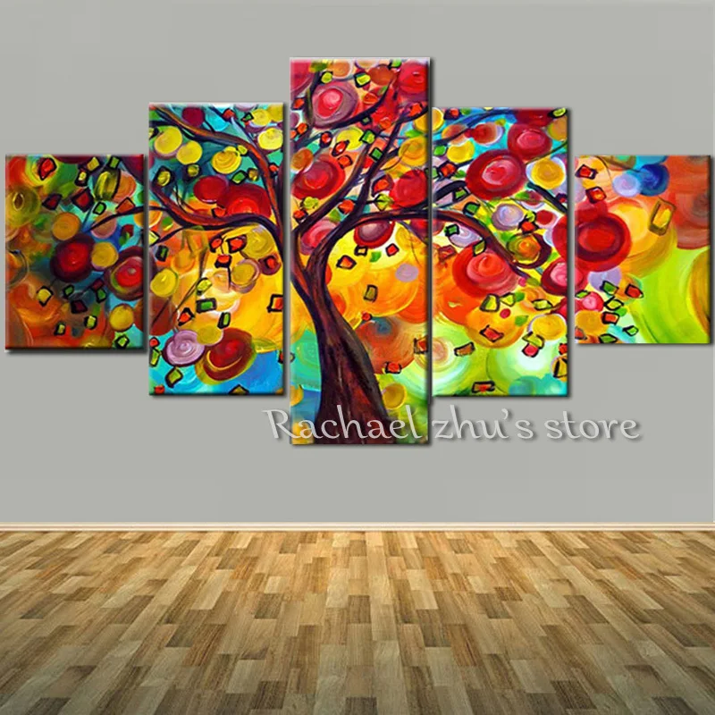 

Hand Painted Modern Abstract Flower Tree Oil Painting On Canvas Five Panles Flower Tree Wall Picture Living Room Home Decor Art