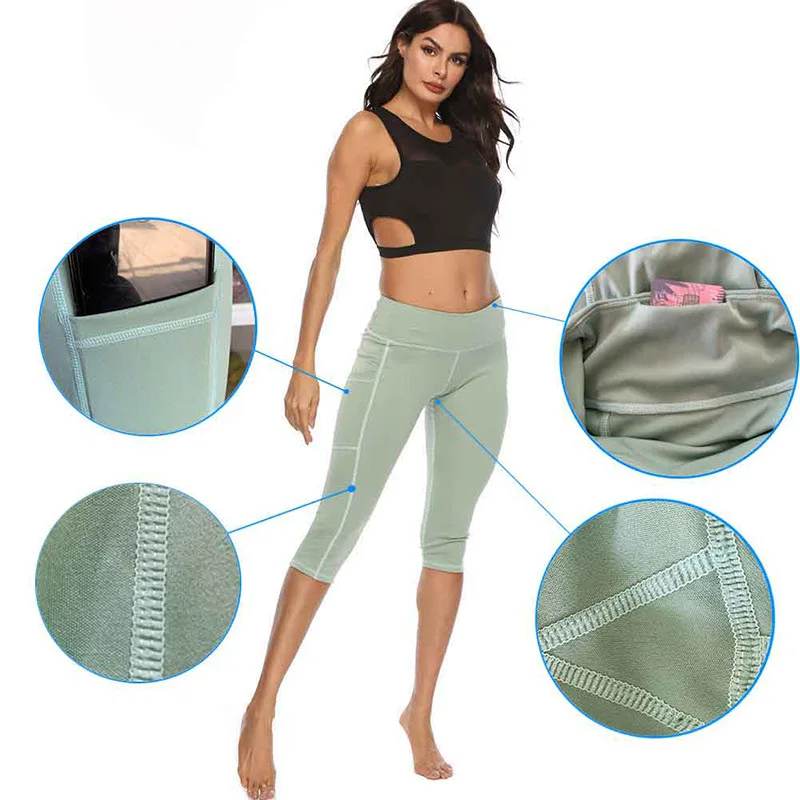 

New Yoga Pants Solid Color Peach Hip Tight Skinny Sports Seven Points Side Pockets Quick-drying Fitness Pants Gym Shark Push Up