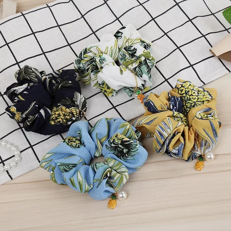 

New Floral Hair Scrunchies Pearl Scrunchie Women Elastic Hair Bands Girl Headwear Loop Ponytail Holder Printed Hair Accessories