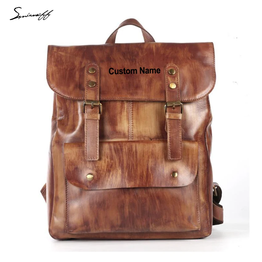 

SMIRNOFF New Leisure Backpack Men Genuine leather Handmade Vintage Laptop Bag Boys Schoolbag Custom Name Travel Backpack Male