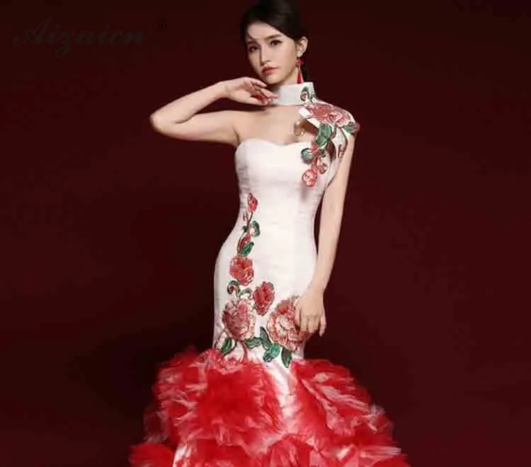 Модные Винтаж Go шоу Cheongsam Современные красный длинный хвост тонкий Qi Pao Для женщин традиционное китайское платье приема гостей вечеринки платье Qipao