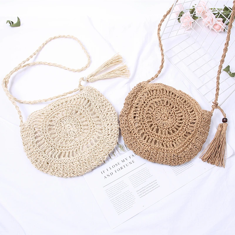 Handmade Bowknot Straw Crossbody Bag Women Hollow Woven Shoulder Bags Knitting Summer Beach Female Circle Tassel Handbags Purse