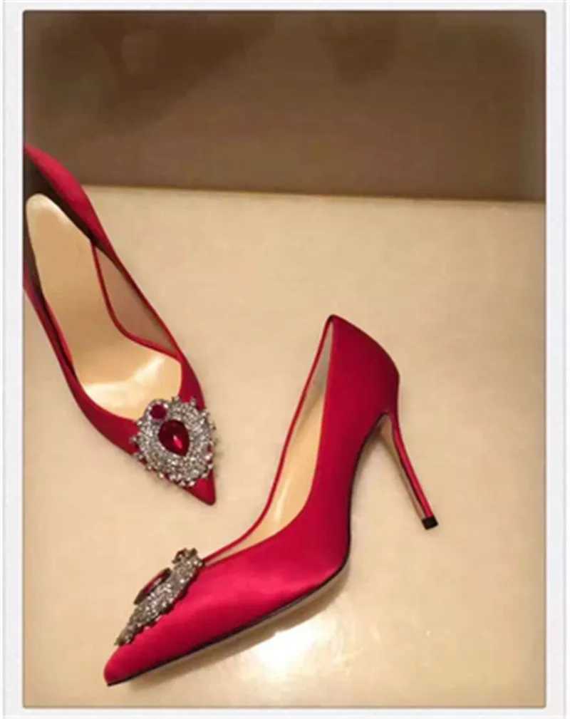 Sexy Pointed toe Woman Shoes Big Diamond High Heel Shoes Bride Crystal Wedding Shoes Red Black Green Pink Jeweled Ladies shoes