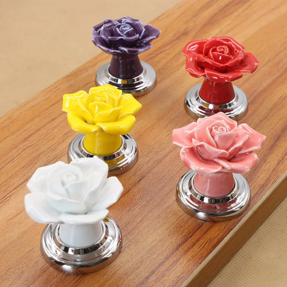 

New Fashion Rose Flower Alloy Gasket Ceramic Cupboard 1009 Handles For Door Cabinet Handles With Screws Handles