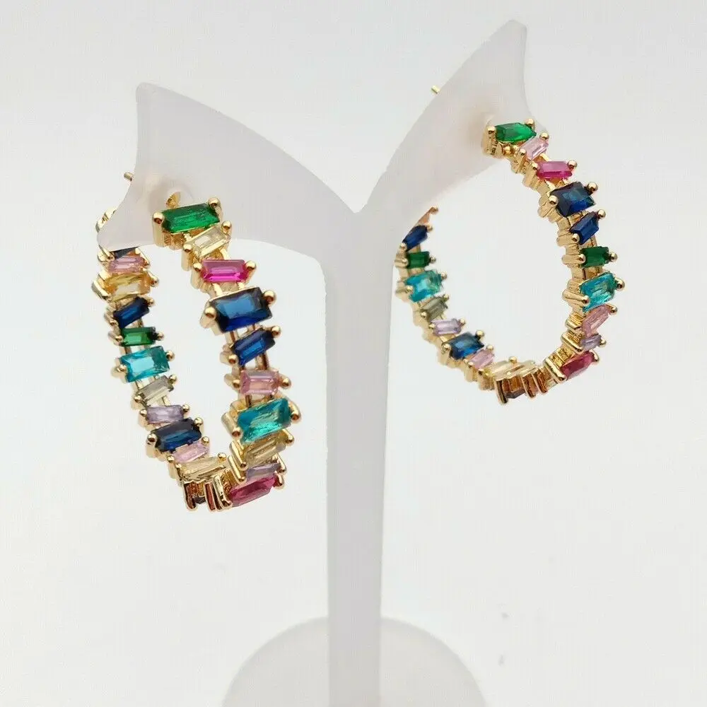 

golden filled rainbow cubic zirconia round circle geometry earrings