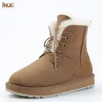 INOE Fashion Sheepskin Suede Leather Wool Fur Lined Women Casual Short Ankle Winter Boots for Ladies Lace Up Snow Boots Shoes