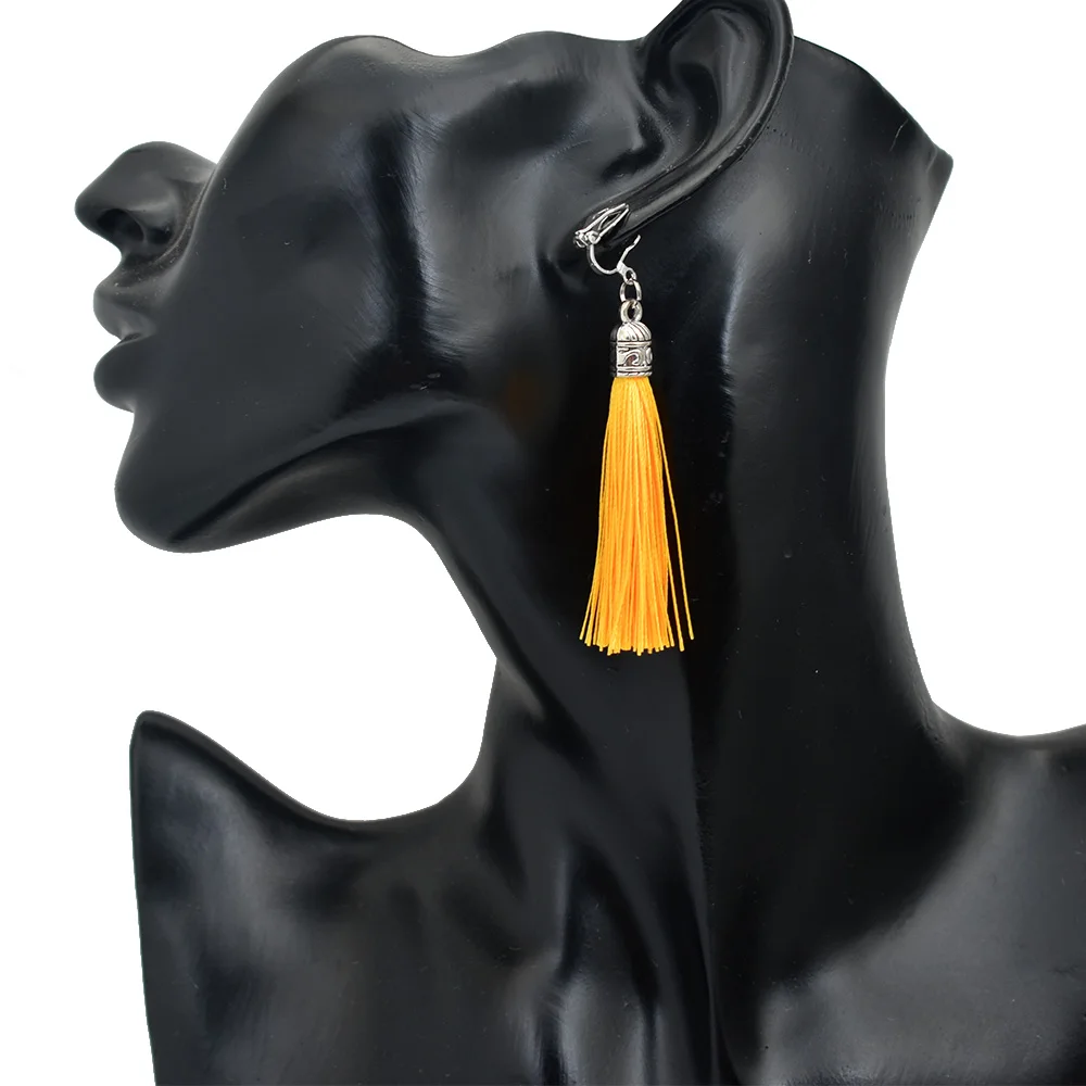 Vintage Tassel Earrings For Women Tassel Jewelry Antique Long Ear Clip Black White Silk Fabric Cuff Earings ear clip earrings,clip earrings,ear clip