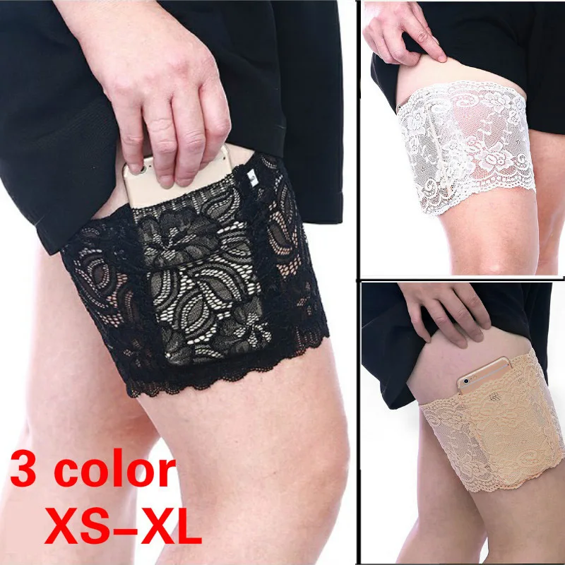 

1pc Women Anti Chafing Floral Lace Thigh Bands Ladys Sexy Slim Leg Warmers Cuffs Phone Pocket Card Cell Anti-slip Thigh Pocket
