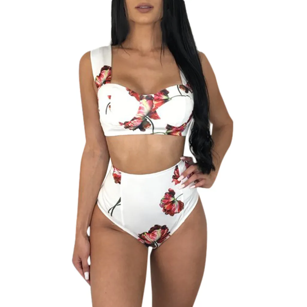 Женский бикини с высокой талией, 2 предмета, сексуальный розовый принт, Одноцветный Топ, низ, бикини, набор, купальник, купальный костюм, бикини#45