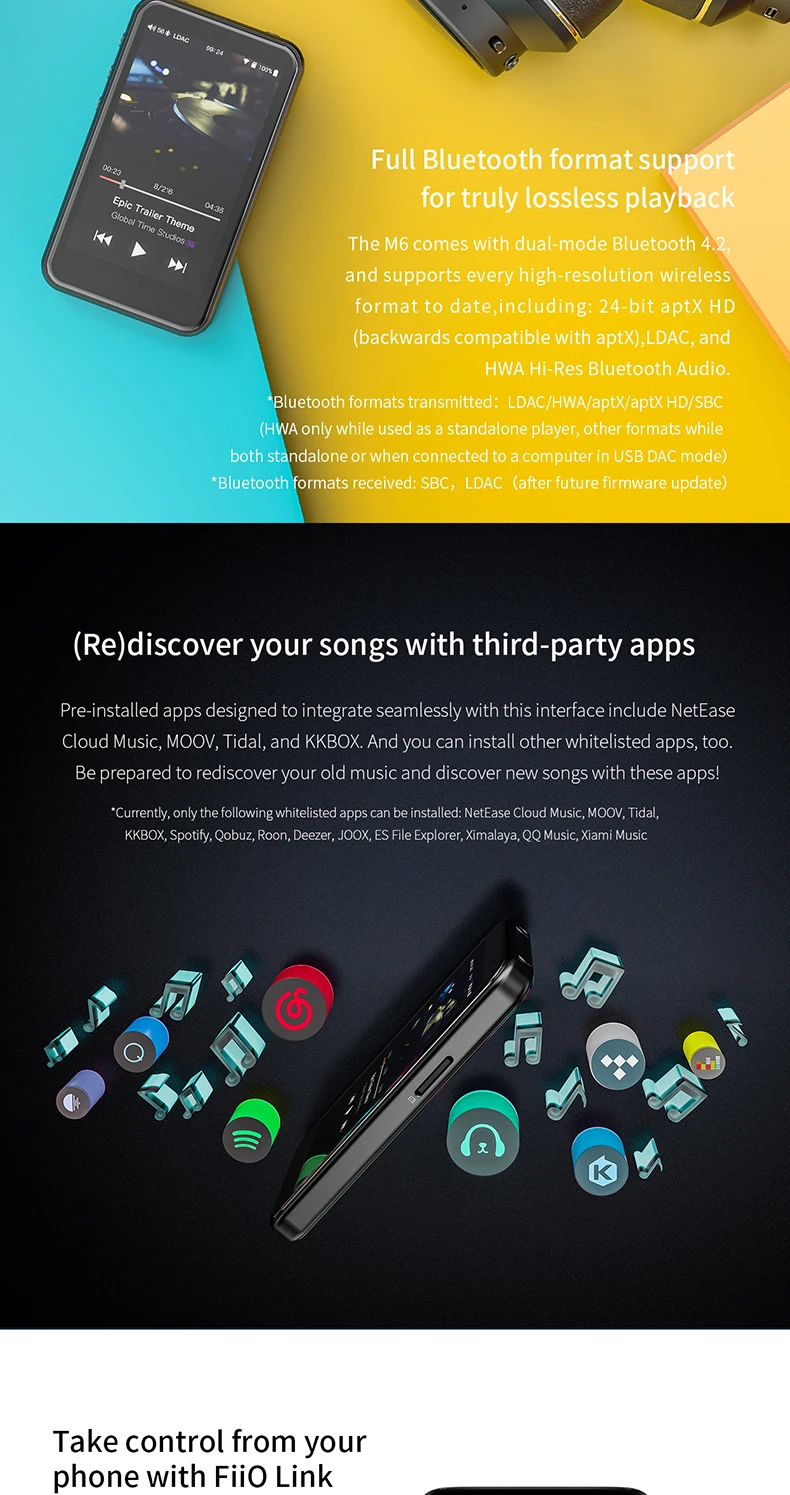 FiiO M6 Hi-Res Android музыкальный плеер с aptX HD, LDAC HiFi Bluetooth, USB аудио/ЦАП, DSD поддержка и WiFi/Air Play