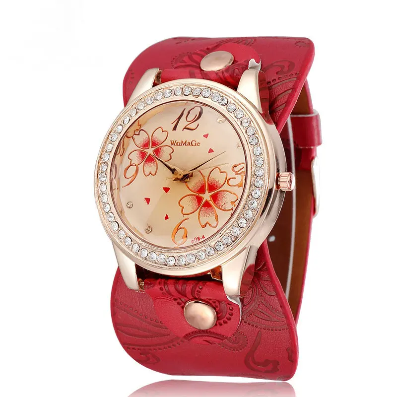WoMaGe цветочные часы форма тыквы заклепки широкий кожаный ремешок аналог повседневные женские мужские кварцевые наручные часы 100 шт./партия