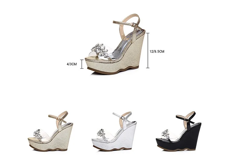 11_2016 New Gold Platform Wedges Sandals Female Summer Sandal Silver Heels Rhinestone Buckle Transparent Casual Shoes For Woman