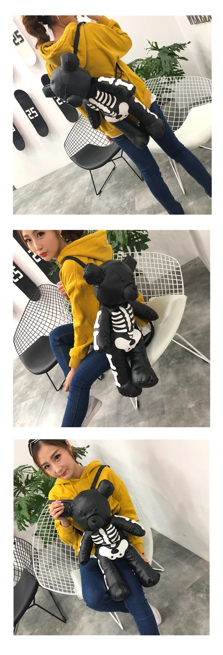 IPinee Модный женский рюкзак с изображением скелета медведя, школьные сумки в стиле панк, дизайнерские рюкзаки для девочек-подростков, подарки