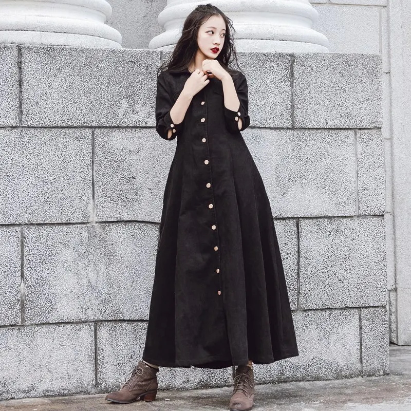 

Black Corduroy Dress 2019 New Spring Autumn Women 3/4 Sleeve Long Corduroy Shirt Dresses Pockets