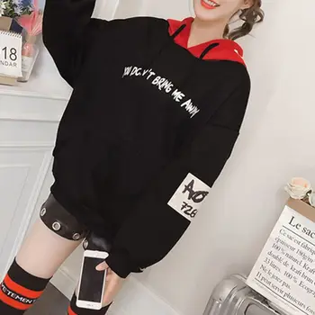 

Women Plus Size Winter Long Sleeve Contrast Color Hooded Sweatshirt Drawstring Hip Hop Streetwear Letters Print Oversized Loose