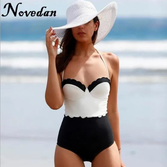 

One Piece Swimsuit 2017 Sexy Swimwear Women Bathing Suit Swim Retro Summer Beach Wear Black White High Waist Monokini Swimsuit