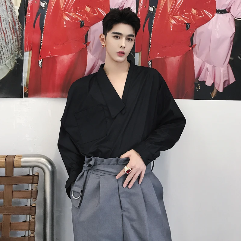 

V-neck Pullover Shirt Men Fashion Casual Loose Shirts White Black Long Sleeve Dress Shirts Harajuku Streetwear