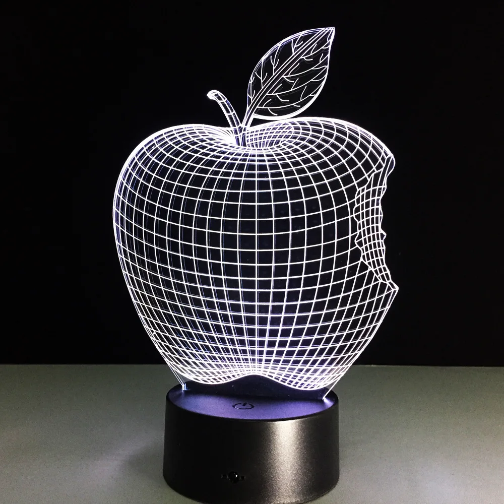 3D Визуальный светодиодный ночник в форме яблока, акриловый 7 цветов, светильник для стереозвука, голограмма, лампа для украшения дома