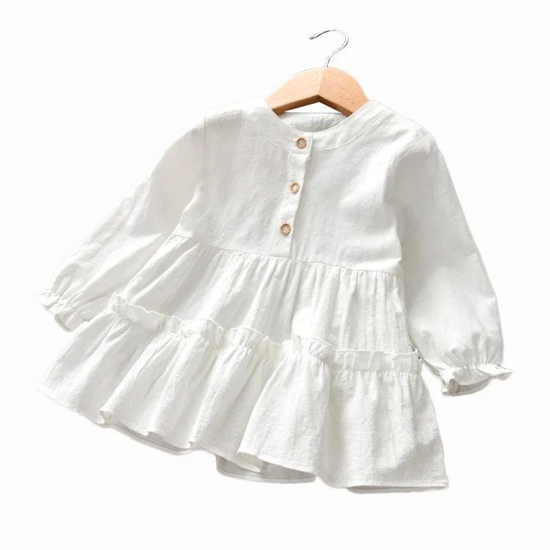 

2019 Summer Autumn Baby Girls Clothes Shirt Long-sleeved Infant Solid Color Round Neck Children's Clothing White Pink Dress