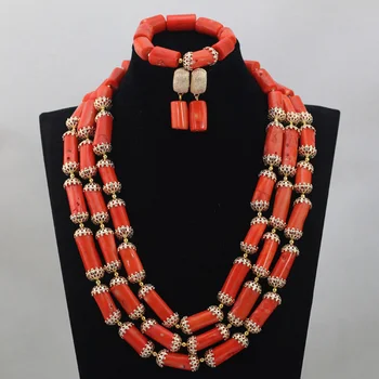 

New Top Design 3 Rows Nigerian African Orange Coral Beads Wedding Jewelry Set Costume Jewelry Set Wholesale Free Shipping CJ747