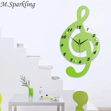 M.Sparkling Music Note Wall Clocks Wooden Glass Creative Hanging Watches Livingroom Music World Diy Mute Clocks Christmas Gift