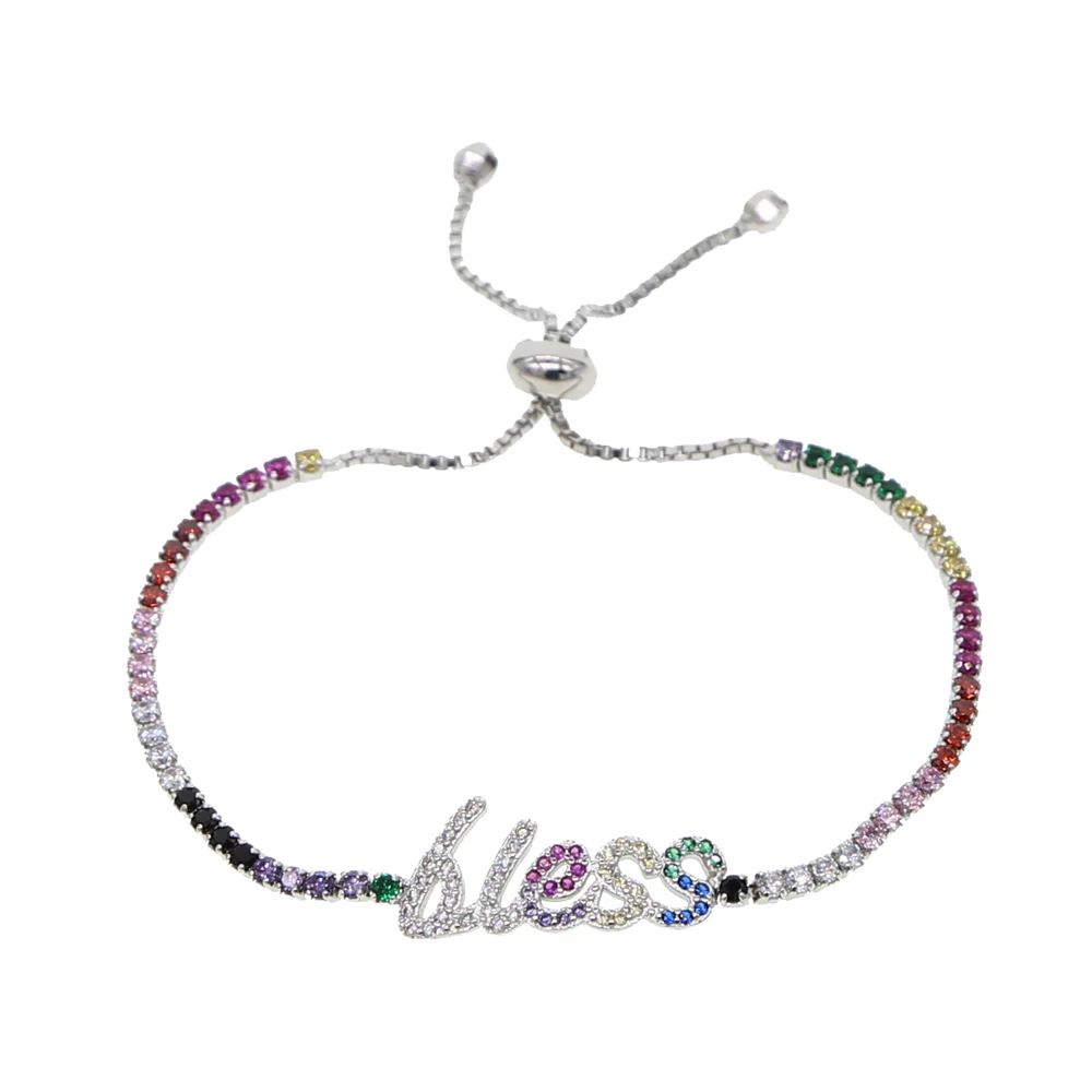 Adjustable Rainbow cz tennis chain Bracelet jewelry with happy peace happy letter charm - Окраска металла: bless