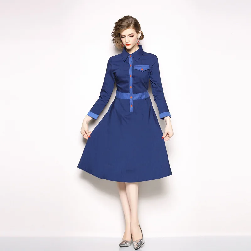 S-XXXL Europea Women Plus Size Dress Autumn Single Breasted Blue Long Sleeve Casual Turn Down Collar Slim Vestido N9902 | Женская одежда