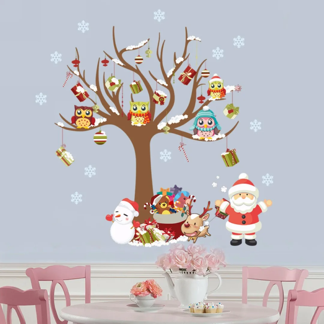 1pc 800*800mm Christmas Owls Tree Shop Window Wall Art Stickers Sticker Vinyl Home Decoration