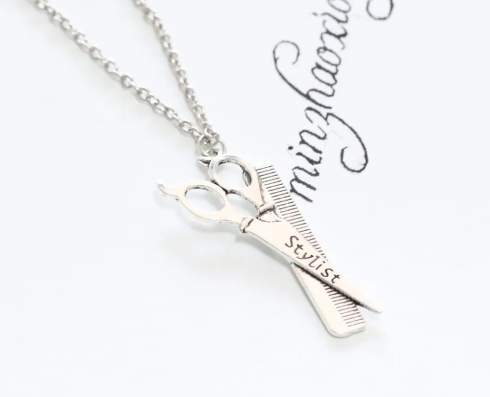 24x35mm Antique Silver Scissors & Comb Pendant Necklace Hair Hairdressing Stylist Gift Vintage
