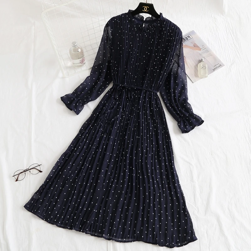 

Women Printing Pleated Chiffon Dress 2019 Spring Summer New Hot Fashion Female Casual Long Sleeve Lotus leaf neck Basic Dresses
