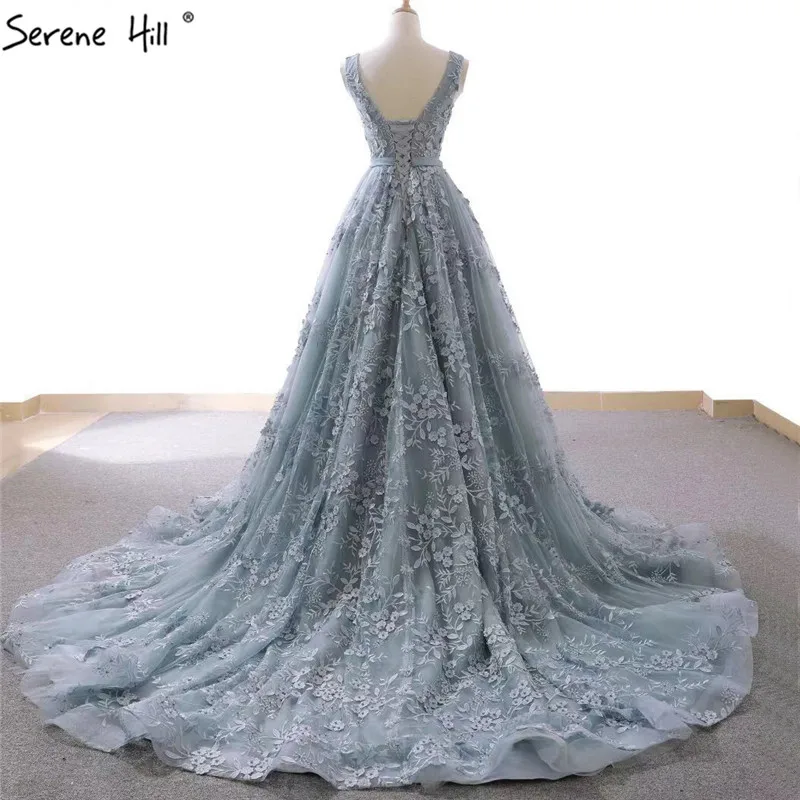 Grey Blue Handmade Flowers Pearls Wedding Dresses 2020 Sexy V Neck