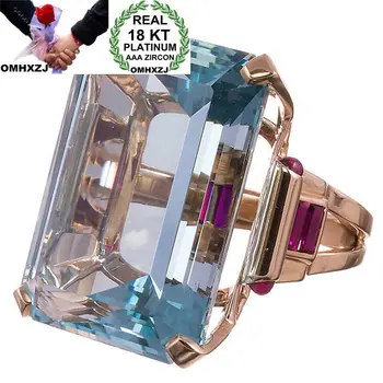 

OMHXZJ Wholesale European Fashion Woman Man Party Wedding Gift Luxury Square Light Blue Topaz Zircon 18KT Rose Gold Ring RR556