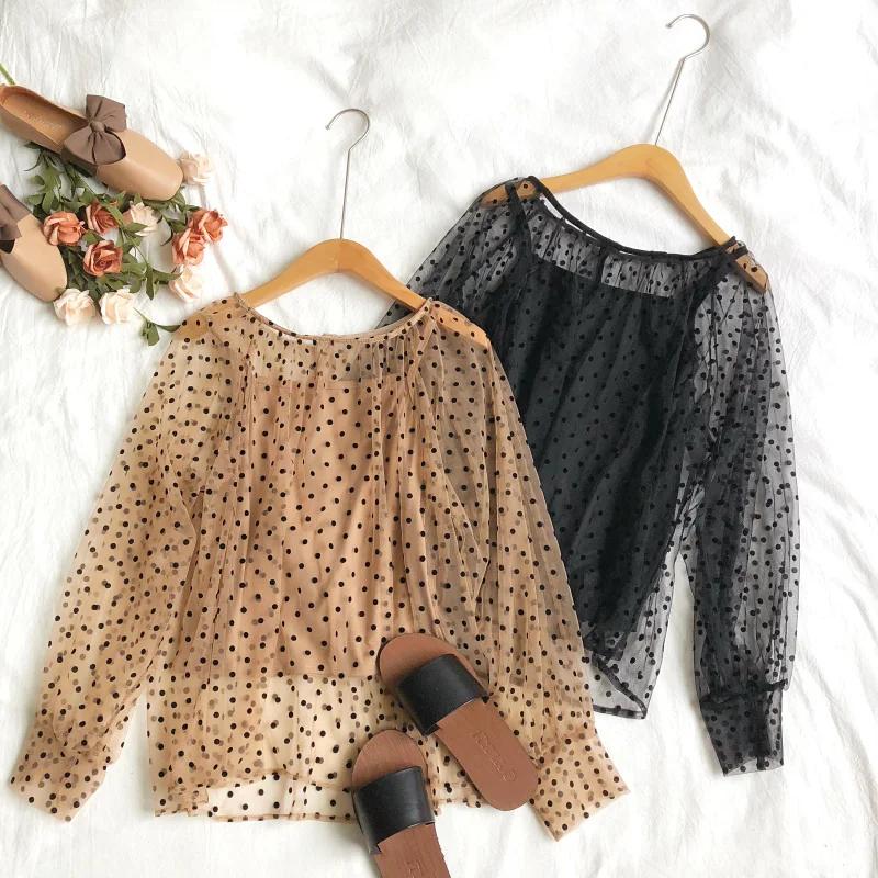

2PCS New Women Spring Summer Embroidery Polka Dot Lantern Sleeve Pullover Voile Basic Shirt Casual O-neck Mesh Gauze Blouse Tops