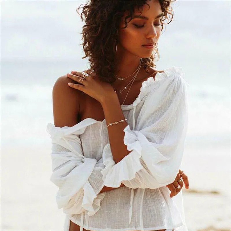 Sexk Women Summer Shirt Blouse Flounce Flared Sleeve Loose Beach Smock Tops HOT Sexk Women Summer Shirt Blouse Flounce Flared Sleeve Loose Beach Smock Tops HOT