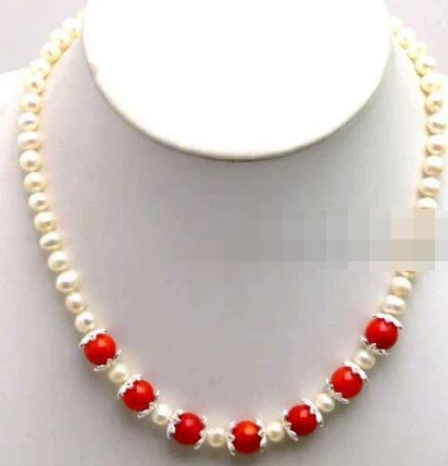 

Free Shipping 004906 SALE 6-7mm white natural round pearl & Red 9-10mm coral 17" Necklace