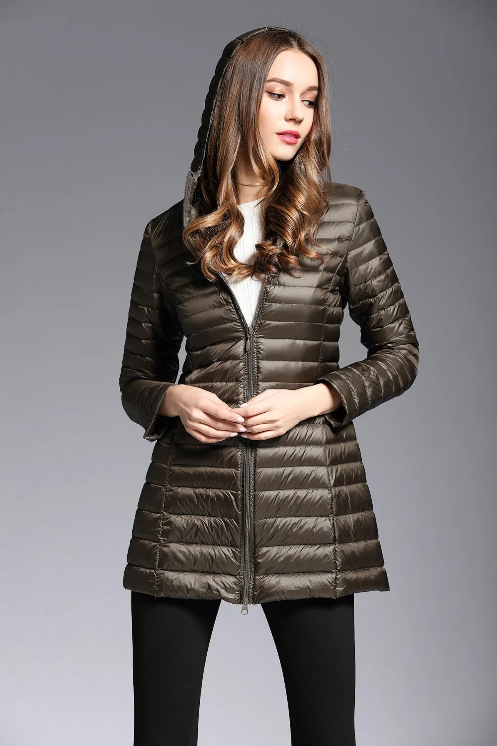 Spring and Autumn new Long section Hooded Fine lines Lightweight models Large size Down font b