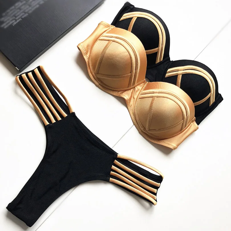 

2019 Gold Stamping Bikini Set Sexy Padded Women Swimsuit Push Up Bandeau Swimwear Summer Beachwear Brazil Bathing Suit