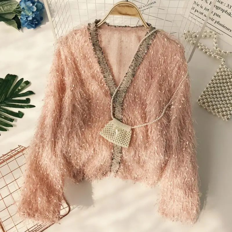 

Fairy V-neck Hairy Gold Tassels Sweat Lazy Windy Fringed Pullovers Sweet Long Sleeved Thin Knitted Shirts 2018 Tops