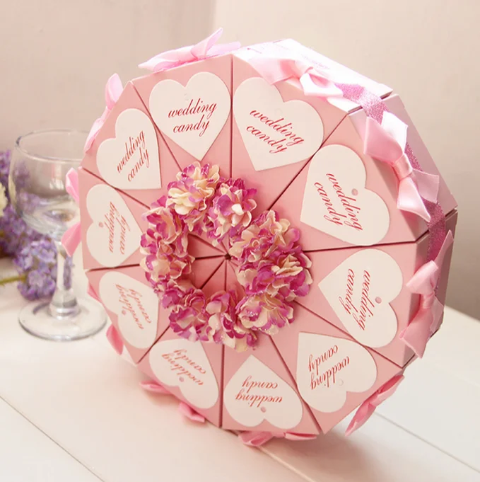 

50 Pcs (5 Cakes) Pink / Purple Triangular Cake Style Wedding Favors Candy Boxes Party Gift Box With Faux Flowers Ribbons Tags