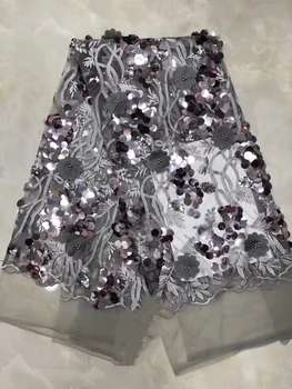

(5yards/pc) 2019 newest African tulle lace Grey French net lace fabric with 3 d flowers embroidery and sequins beads wedding