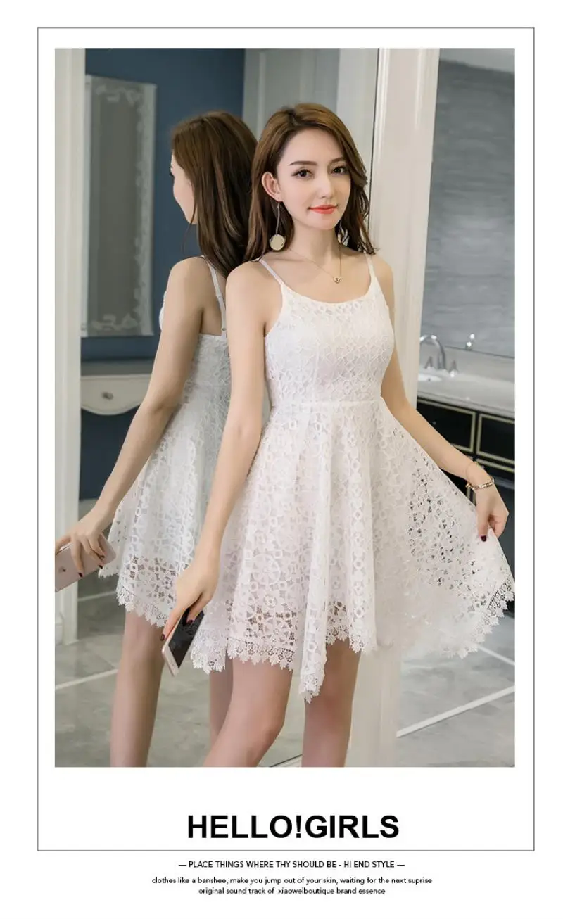 2018 New Hollow out lace dress women elegant spaghetti strap white lace sling dress vintage sleeveless black crochet dresses
