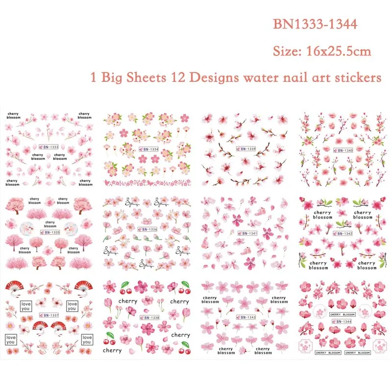 1 Набор, 12 видов конструкций, акварельные, вишневые цветы, Полные Обертывания, слайдер для дизайна ногтей, переводная вода, маникюр, дизайн, наклейки для ногтей, BN1333-1344