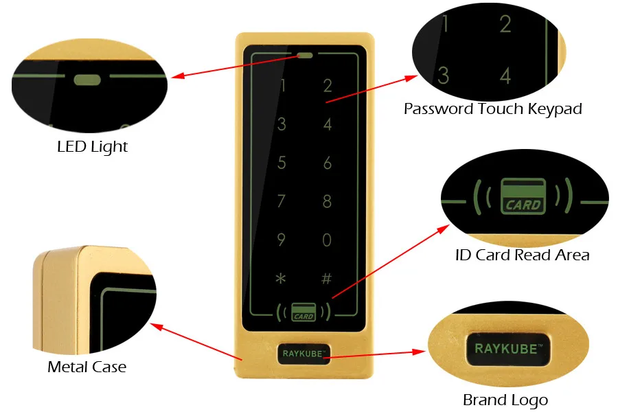 RAYKUBE Клавиатура доступа RFID 125 кГц металлический корпус сенсорная клавиатура Водонепроницаемый IPX3 R-T01 золотистого Поддержка игла для извлечения карты