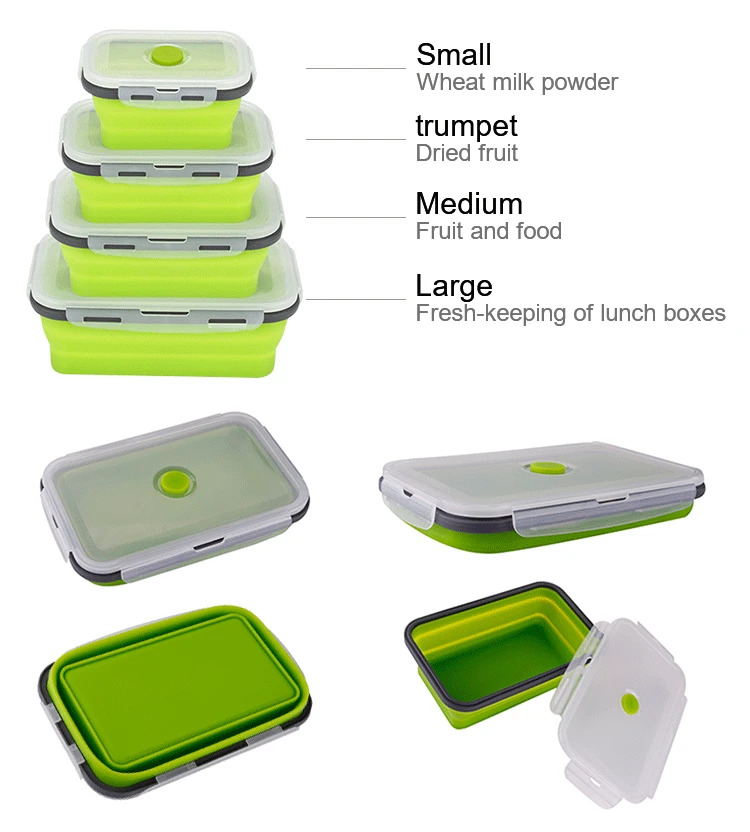 Four size leak proof non toxic healthy retractable silicone folding lunch box
