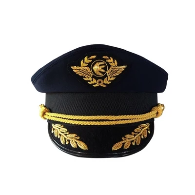 

High Quality Captain pilot Hat Navy Blue Cap Hat Uniforms Costume Party Cosplay Stage Performce Flat Military Cap For Adult Men