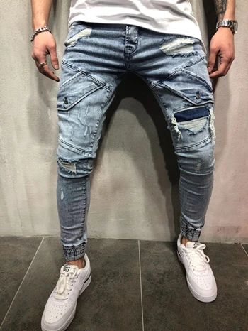 POQOQ Jeans Men Ripped Slim Fit Motorcycle Vintage Denim Hiphop Streetwear Pants POQOQ Jeans Men Ripped Slim Fit Motorcycle Vintage Denim Hiphop Streetwear Pants