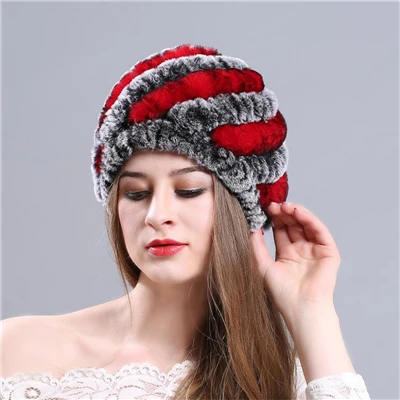 IANLAN женские зимние шапки из натурального меха для девочек вязаные шапки из кроличьего меха Рекс женские разноцветные меховые шапки в полоску с подкладкой IL00018 - Цвет: Red Black