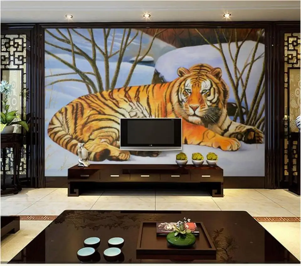 Custom 3D Photo Wallpaper Living Room Murals Tiger On Snow Background ...