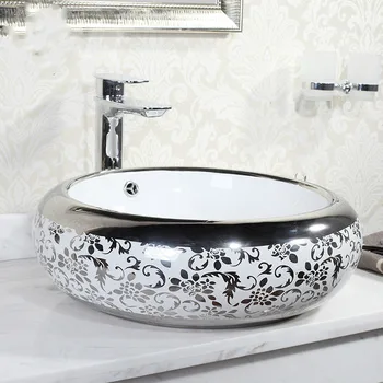 

Porcelain Bathroom ceramic counter top sink silver wash basin popular in europe art basin lavabo ceramic hand wash sink round