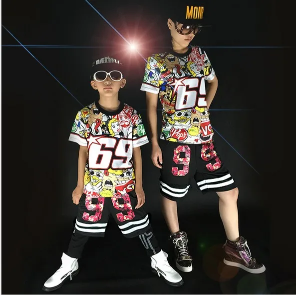 

Free shipping children Adult short sleeved graffiti Hip Hop hiphop DS Jazz Dance Costumes clothes T shirt Leotard Harem Pants